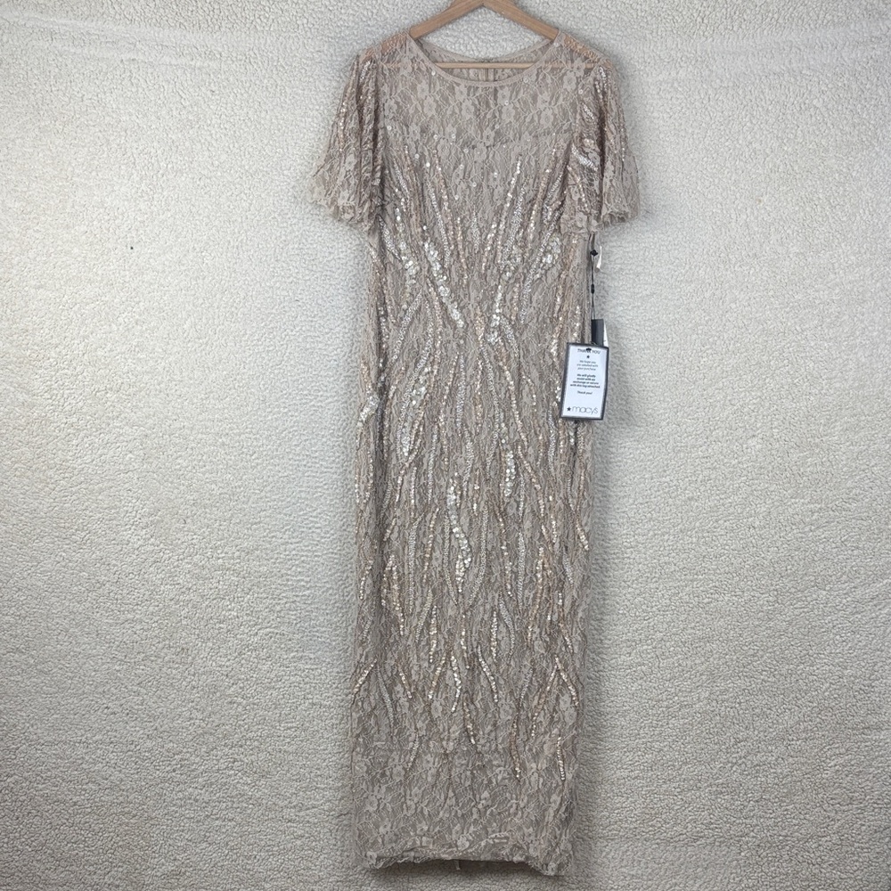 NWT adrianna Papell Womens Beige Embellished Lace Flutter Sleeve Gown Size 10P